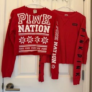 Red PINK Victoria’s Secret Long Sleeve Cropped Shirts. Used. XS. Lot Of 2 Shirts